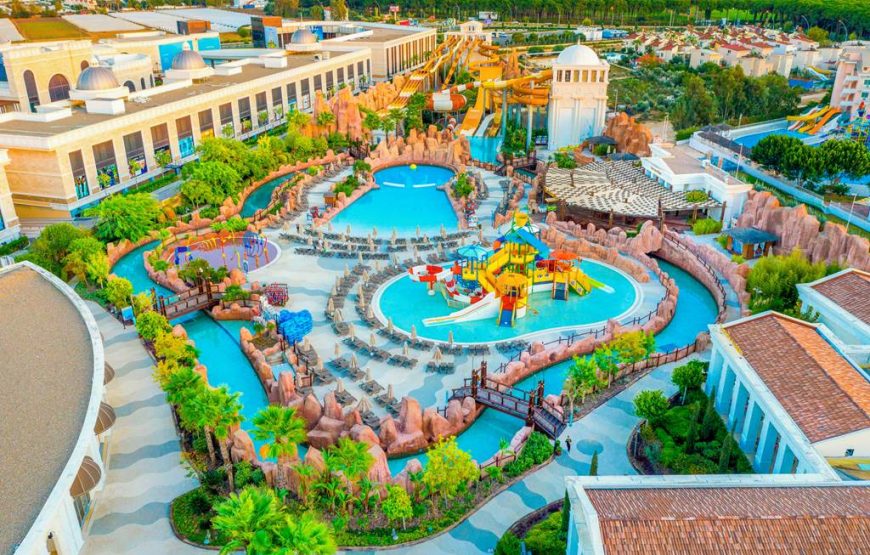 The land of legends theme park with swimming pools, castle and roller coasters